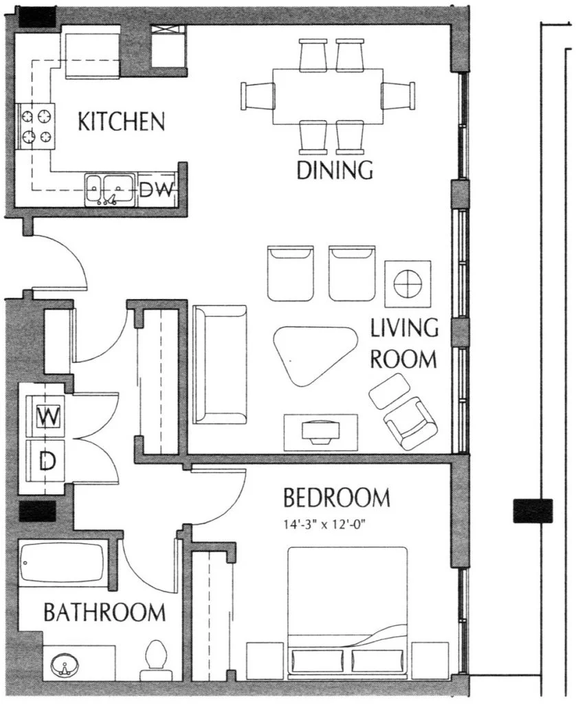 Burlington Tower Floor Plan S - 1 Bedroom, 1 Bath Luxury Apartment in Portland, Oregon's Pearl District